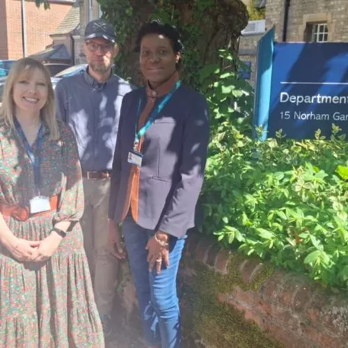 Dr Shenika McFarlane Morris, Dr Bill Finnegan and Bryony Varnam outside the Department of Education